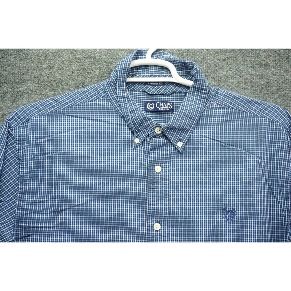 Chaps Mens XXL Custom Fit Shirt Blue White Micro Plaid Long Sleeve Button Down